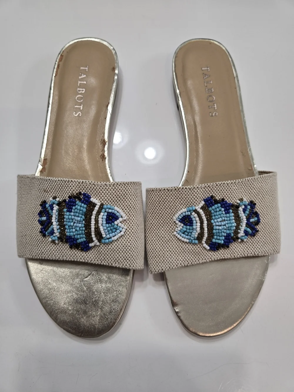 TALBOT'S Turquoise Cobalt Blue BLING Fish Sandals Slides Shoes Sz 7.5